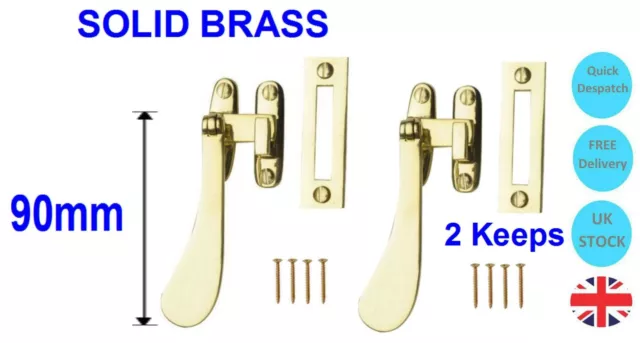 Window Handles SOLID BRASS Casement Fasteners Pack of 2 Victorian 90mm +2 Keeps