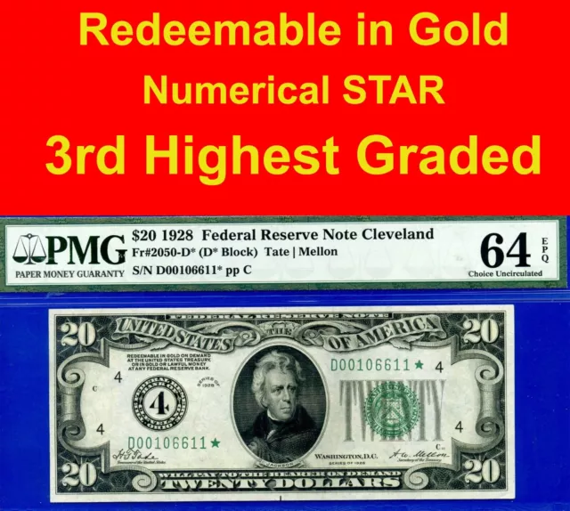 Near TOP POP ✅ 1928 $20 FRN ➡️ 3rd Finest 🔴 Cleveland STAR ⬅️ PMG 64EPQ # 06611