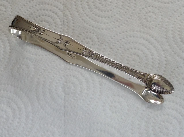 Antique Sterling Silver George III Bright Cut Sugar Tongs S G & E Wigan 1796