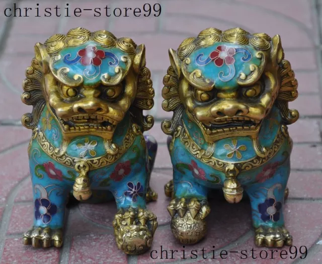 Old Chinese bronze Cloisonne Feng shui Auspicious Lion Foo dog Beast Statue Pair