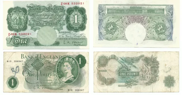 Banknotes; Two £1 notes O’Brien, 1 each of Britannia and Royal Portrait