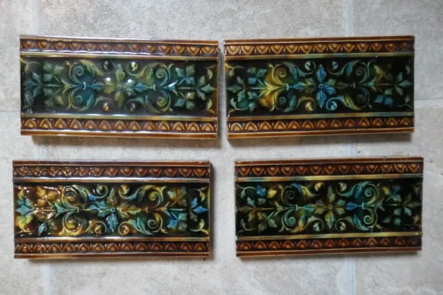 4 Art Nouveau Brown,Green,Blue Majolica 14.9 By 7.5Cm Leaves+Egg Dart Edge Tiles