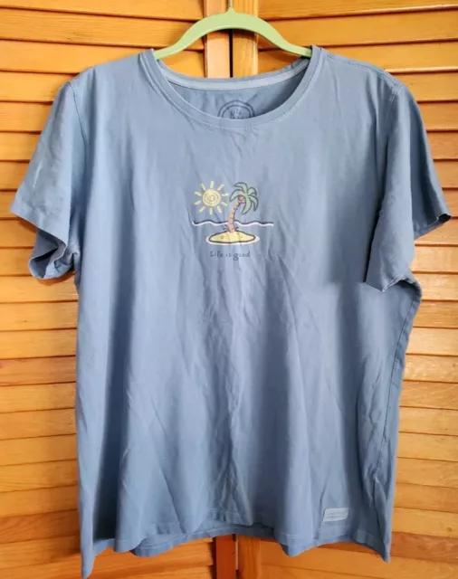 Womens Life Is Good Tropical Island Palm Tree Crusher Tee Blue Crew Neck XL