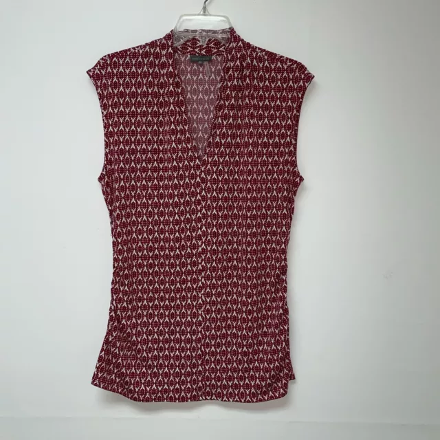 Vince Camuto Red & White Geometric Print Sleeveless VNeck Stretchy Top XL Ruched