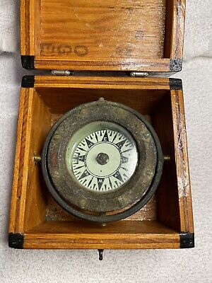Antique Maritime DIRIGO E. M. Sherman Nautical Sailing Ship Compass, 5” Wood Box