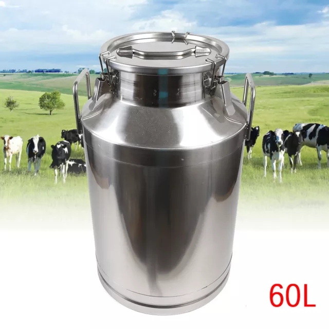60 L Stainls Steel Milk Wine Pail Bucket Jug Oil Barrel Canister Lid Bottle Can