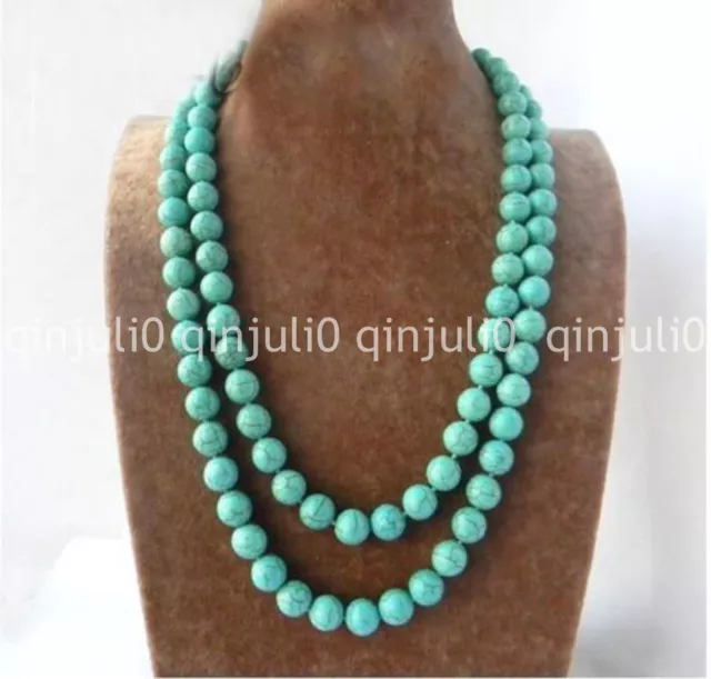 36'' 10mm Round Ball Green Blue Turquoise Gemstone Beads Long Necklace jewelry