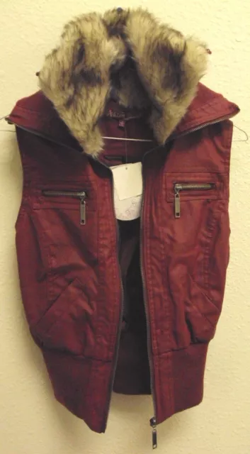 Trendy Fashion Pu Leather Faux Fur Collar Junior Vest Jacket Coat Burgundy Blood