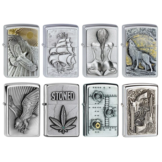 Zippo Genuine Refillable Cigarette Lighters Brushed Chrome Emblem Petrol Lighter