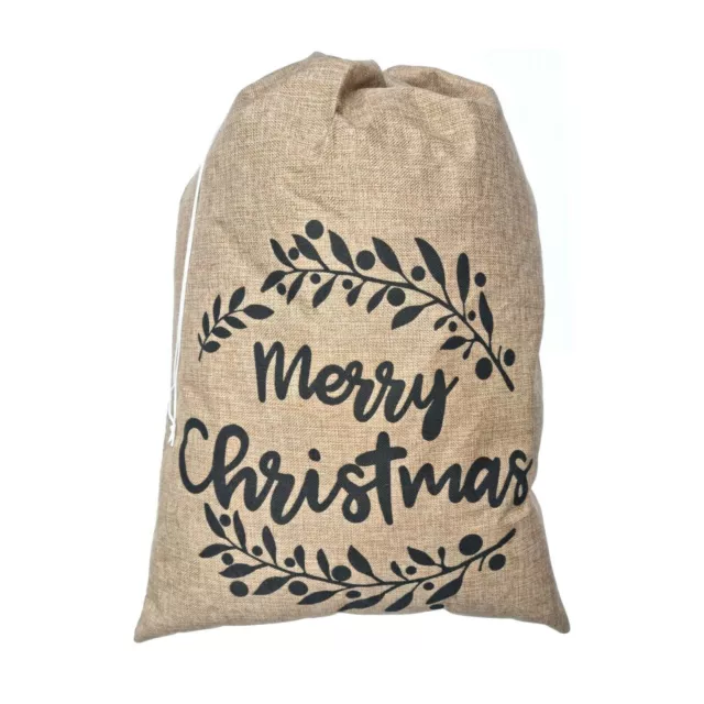 70cm x 50cm Merry Christmas Hessian Santa Gift Present Sacks - Holly Branch