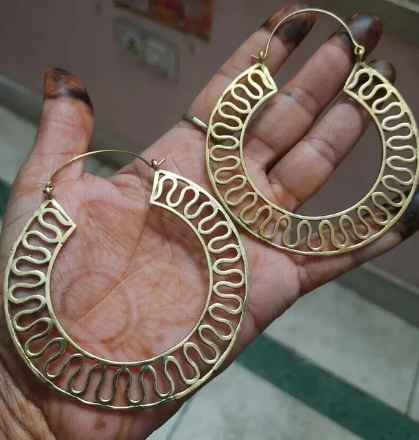 Tribal Ethnic Celine Earrings Brass Gold Plated Mandala Large Designer Hoops