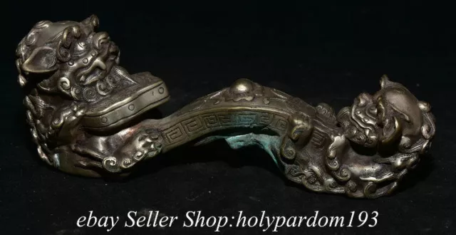 8" Old Chinese Copper Silver Fengshui Foo Fu Lion Ru Yi Statue Sculpture