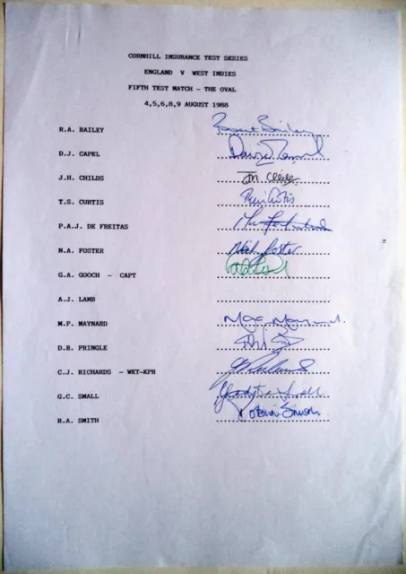 ENGLAND v WEST INDIES 1988, 5th TEST MATCH – CRICKET OFFICIAL AUTOGRAPH SHEET