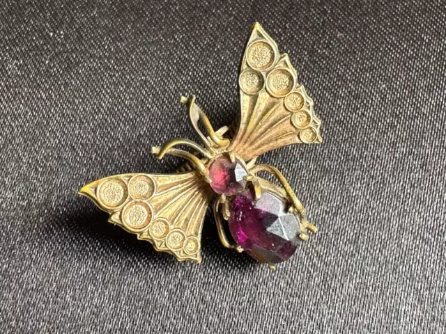 Superb Tiny Antique ART NOUVEAU French Butterfly Brooch -Amethyst Stone 1" wide