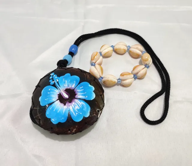 Coconut Coin Wallet with Painted Blue Flower Art Bundled with Seashell Bracelet