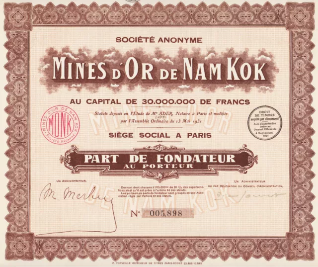 MINES D'OR DE NAM KOK - PART DE FONDATEUR - 1931 - INDOCHINE / FRANCE namkok