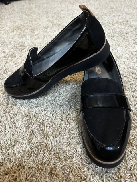 DR. SCHOLLS WATSON Black Suede & Patent Leather Wedge Loafer Shoes Size ...