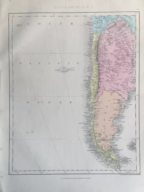 1871 Patagonia Chile Argentina Hand Coloured Antique Map by Joshua Archer