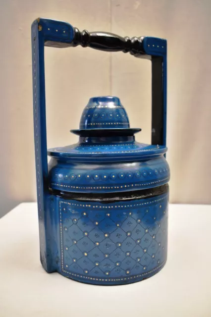 Vintage Burmese Lacquered Tiffin Food Carrier / Stacking Lunch Box Blue Color