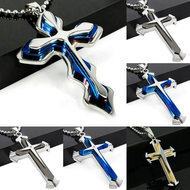 Hip Hop Stainless Steel Crystal Cross Pendant Necklace for Men Gift Punk Jewelry