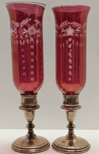 Antique Ellmore Sterling Silver Etched Cranberry Glass Hurricane Candle Lamps