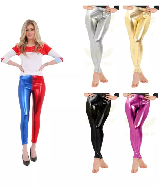 Womens Shiny Foil Metallic Leggings Disco Skinny Fit Wet Look Stretch Dancewear