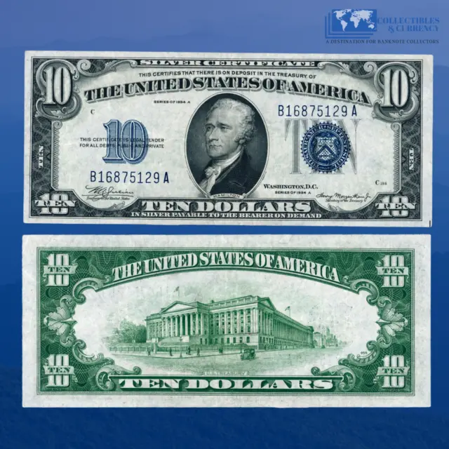 1934A $10 Ten Dollars Silver Certificate Blue Seal, XF Condition #75129