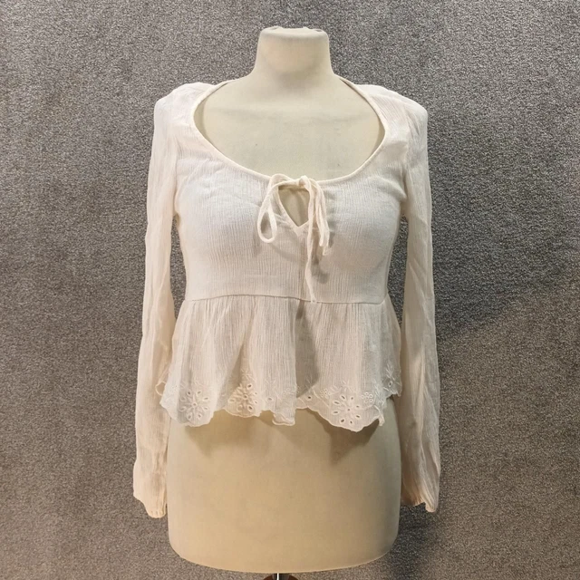 H&M Camicetta Top Cream Crrinkle Ricamo Orlo A Maniche Lunghe Tessuto Trasparente Uk 4