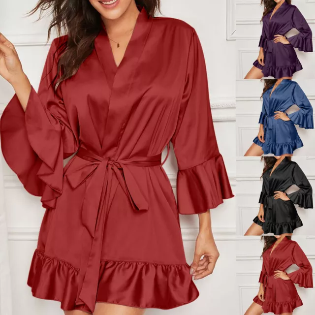Womens Sexy Sleepwear Long Lace Bride Kimono Robe Satin Silk Night Dressing Gown
