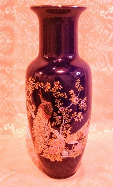 Vintage Cobalt Blue Japanese Vase. Painted Peacock Design w/Gold Rim. 11 inches