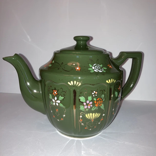 Vintage MCM Ceramic Hand Painted Dark Green Teapot Gold Trim Made in Japan
