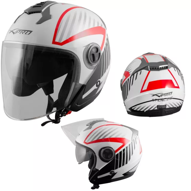 Casco Jet Moto ECE 22-05 Doppia Visiera Parasole Grafica Bianco Rosso A-Pro