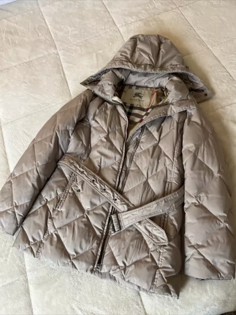 Women's Sz Small Burberry Brit Down Puffer Hooded Coat - Beige- Belted Jacket