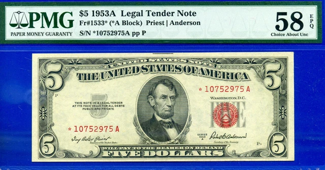 FR-1533* - 1953-A $5 US Note (( Legal Tender - STAR )) PMG 58EPQ # *10752975A-