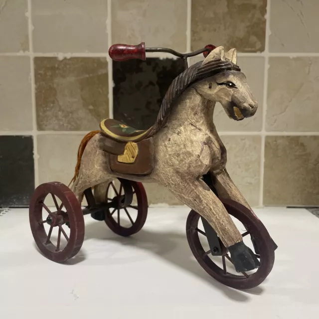 Vintage Folk Art Primitive Hand Carved & Painted Wood Wooden Horse Tricycle