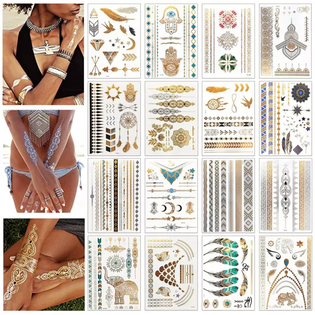 Gold Tattoo Temporäre 16 Blätter 140+ Tattoos Metallic Flash Tattoos Wasserdicht