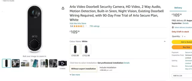 Arlo Video Doorbell Security Camera, HD Video, 2 Way Audio Brand New ££ Discount