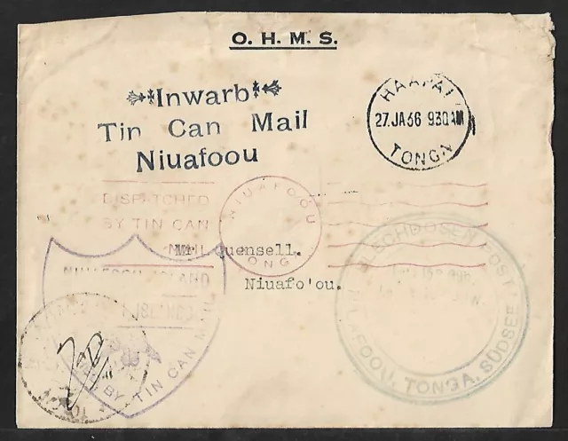 Tonga Niuafoou Tin Can Mail Stampless Cover 1936