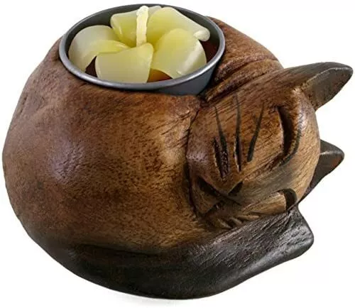 UK Something Different Curled Cat Wooden Tealight Holder Handcrafted Uk