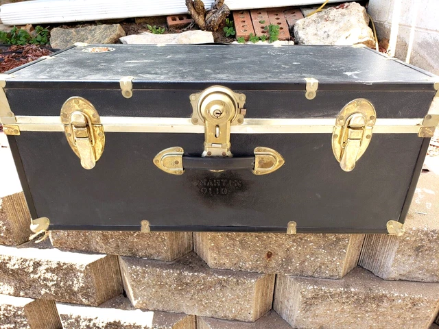 Vtg Wood Toy Storage Box Coffee Table Base US Military Wood Lined Steamer Trunk