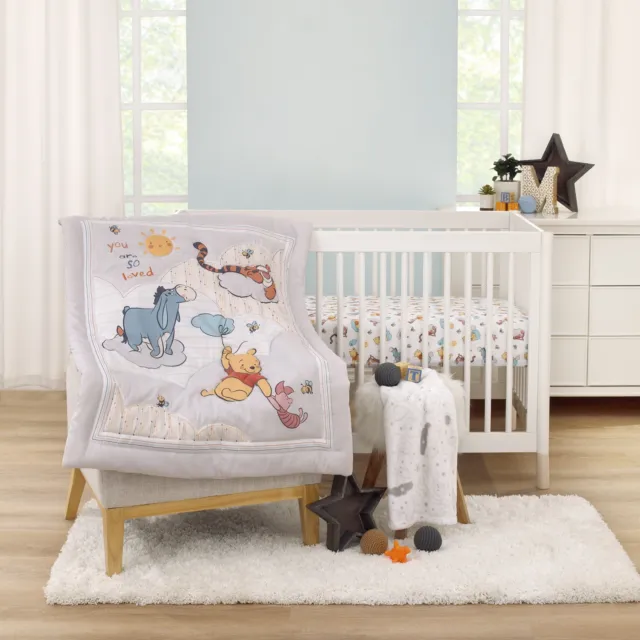 Disney 6382284R Winnie the Pooh So Loved Crib Bedding Set, 3-Pieces, Gray, Blue,