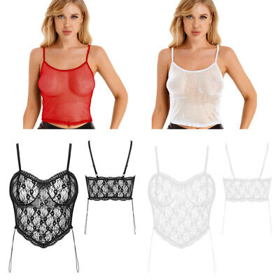 Womens Hot Tees See-Through Lace Camisole Vest Clubwear Undershirt Mesh Crop Top