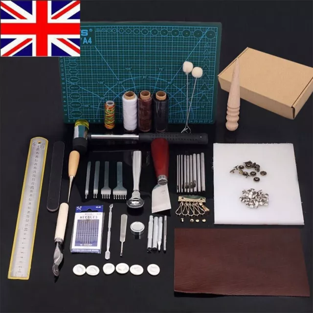 62pcs Leather Craft Tools Stitching Carving Sewing Working Saddle Cutting Kit UK