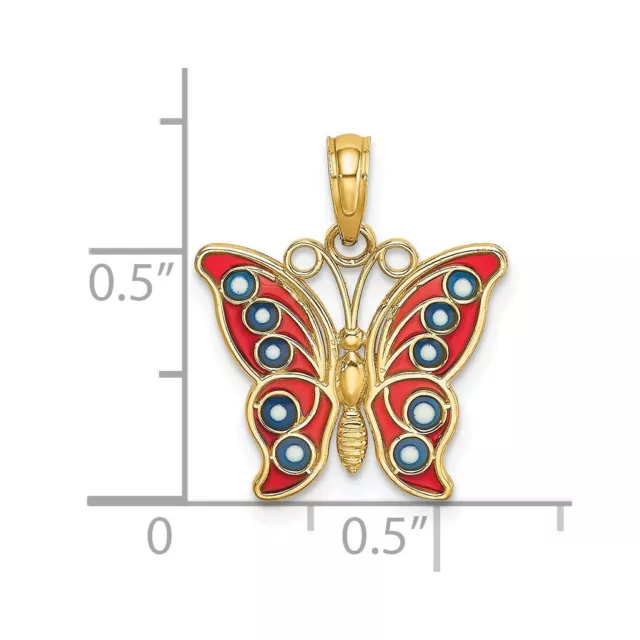 14K Yellow Gold w/ Red and Blue Enamel Filigree Butterfly Pendant 3