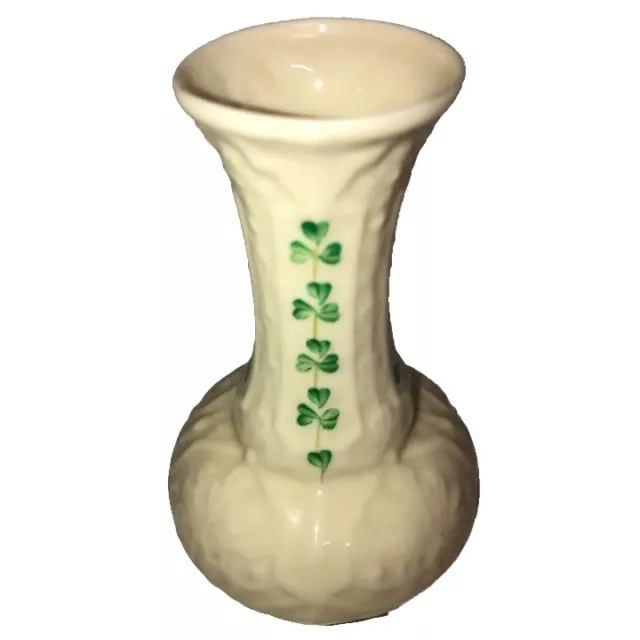 Vintage Belleek Irish Pottery Lusterware Shamrock Bud Vase Green/White Ireland