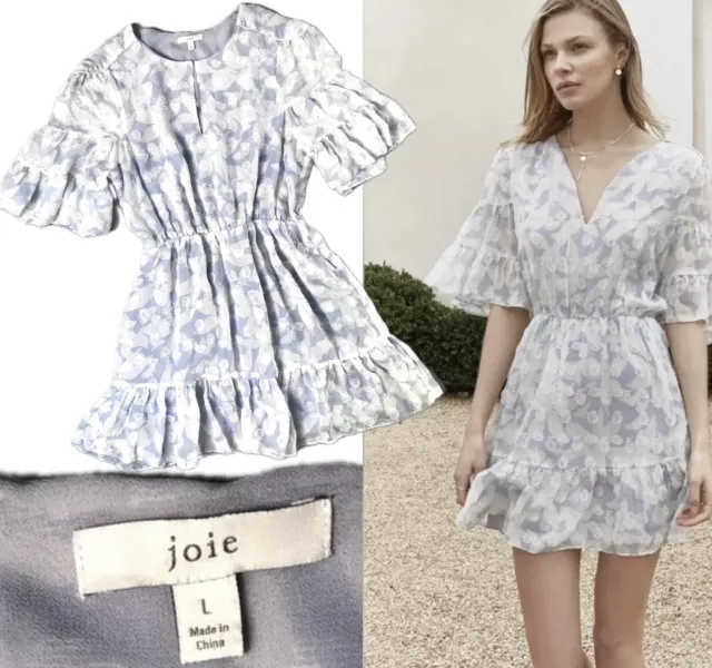 Romantic Spring Silk JOIE Teresa Flutter Sleeve Floral Blue Mini Dress Large L