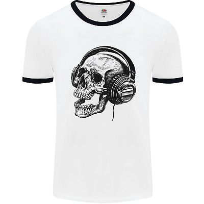 Skull Headphones Gothic Rock Music DJ Mens White Ringer T-Shirt