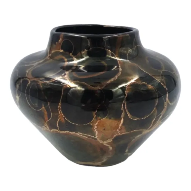Vintage Mid Century Modern Pottery Black Gold Bubble Glaze Bud Vase Signed Mary