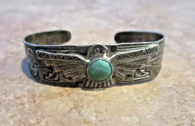 REAL OLD 1940's Navajo Sterling Silver Turquoise APPLIED THUNDERBIRD Bracelet