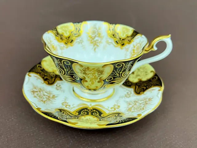 Royal Albert Majestic Black Filigree Rose Avon Shape Tea Cup & Saucer Gold Trim